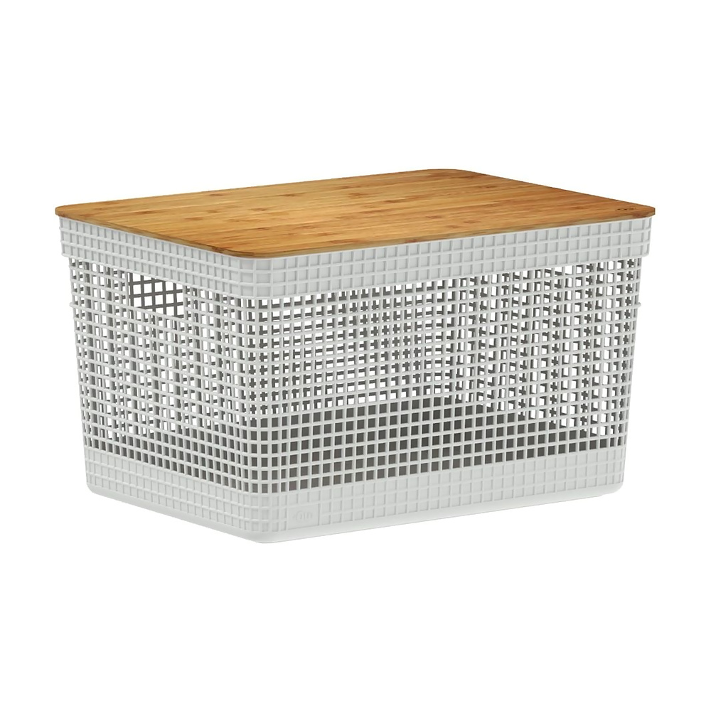 [186340] CESTA GRID CON TAPA DE BAMBU 20L BLANCO CG355BCOF