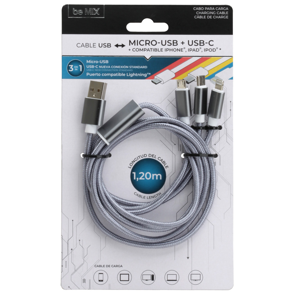 CABLE CARGA 3 EN 1 MICRO USB TIPO IPHONE HT1980